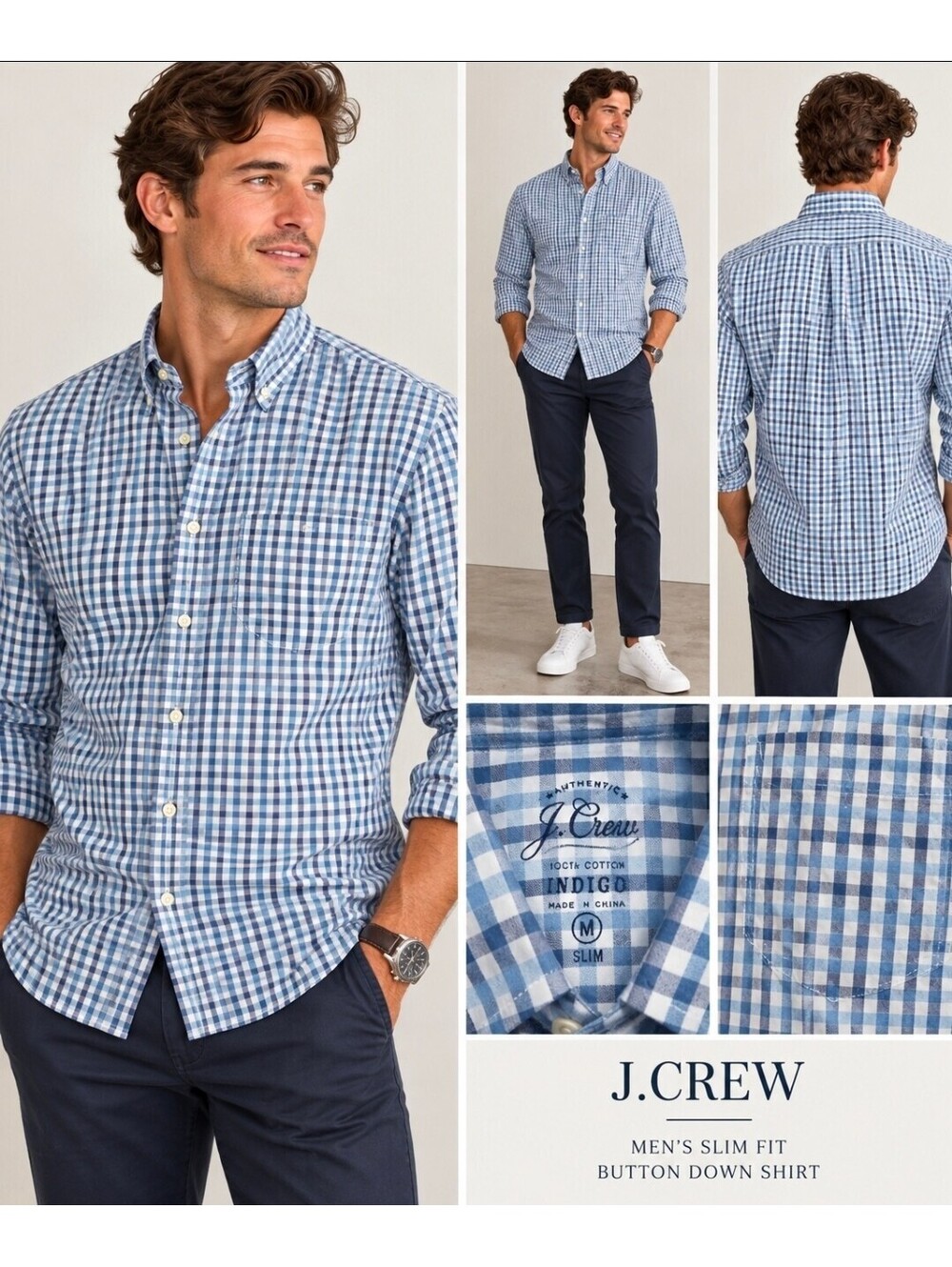 J.Crew Men’s Medium Slim Fit Blue Gingham Check Button Down Shirt 100% Cotton